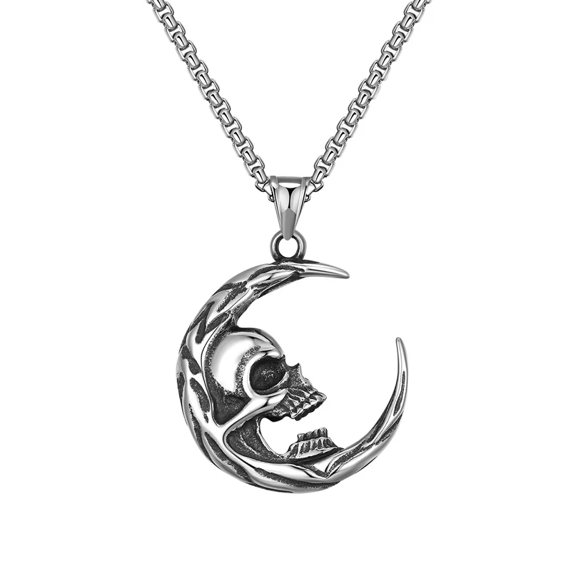 

New Fashion Creative Crescent Skull Men's Pendant Necklace Trendy Personality Retro Titanium Steel Necklace Jewelry wholesale
