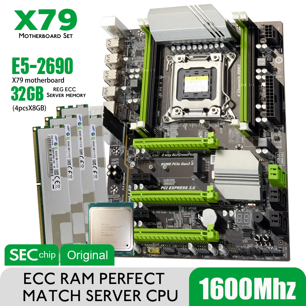 Atermiter X79 Turbo Motherboard LGA2011 ATX Combos E5 2690 CPU 4pcs x8GB = 32GB DDR3 RAM 1600Mhz PC3 12800R PCI-E NVME M.2 SSD | Компьютеры