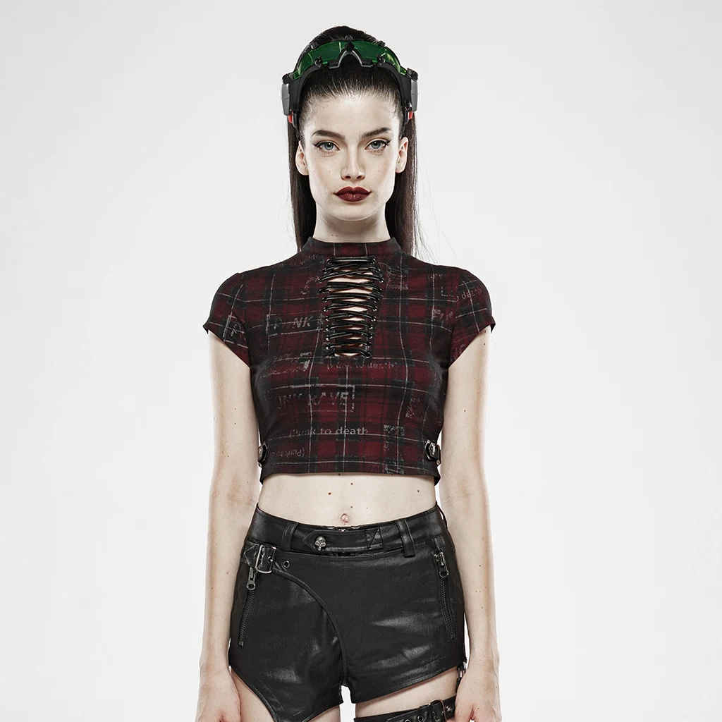 PUNK RAVE Women Hollow-out Strap Short T-shirt Punk Style Knit Printed Plaid Shirt Slim Fit Sexy Club Tops | Женская одежда