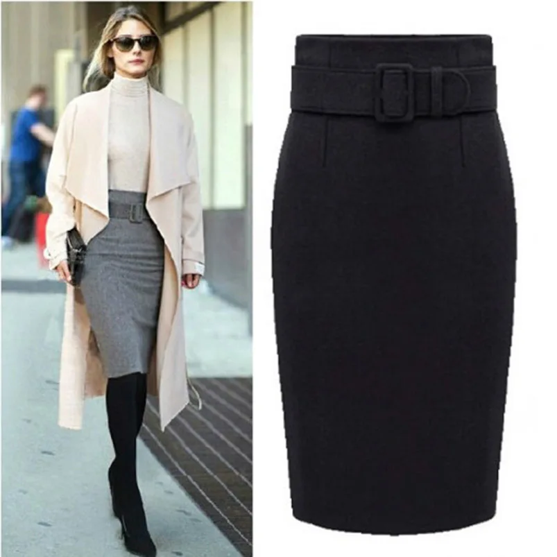 

New Fashion Autumn Winter 2021 Cotton Plus Size High Waist Casual Midi Pencil Skirt Women Skirts Female Waist Belt Faldas