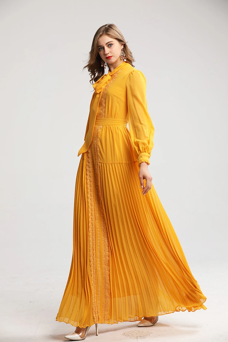 Женские подиумные платья с бантом и воротником длинные рукава кружевные