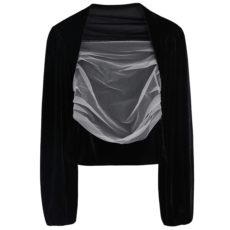 

PERHAPS U Women Black Velvet Mesh Patchwork Shirt Square Collar Puff Sleeve Long Sleeve Blouse Short Top Shirt Spring B0725