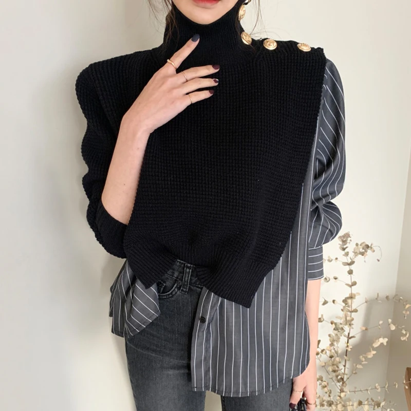 

Korean Chic Fake Two-piece Shirt Ladies Stitching Striped Bubble Sleeve Blue Sweater Women Cute High Collar Side Buttons Sweater