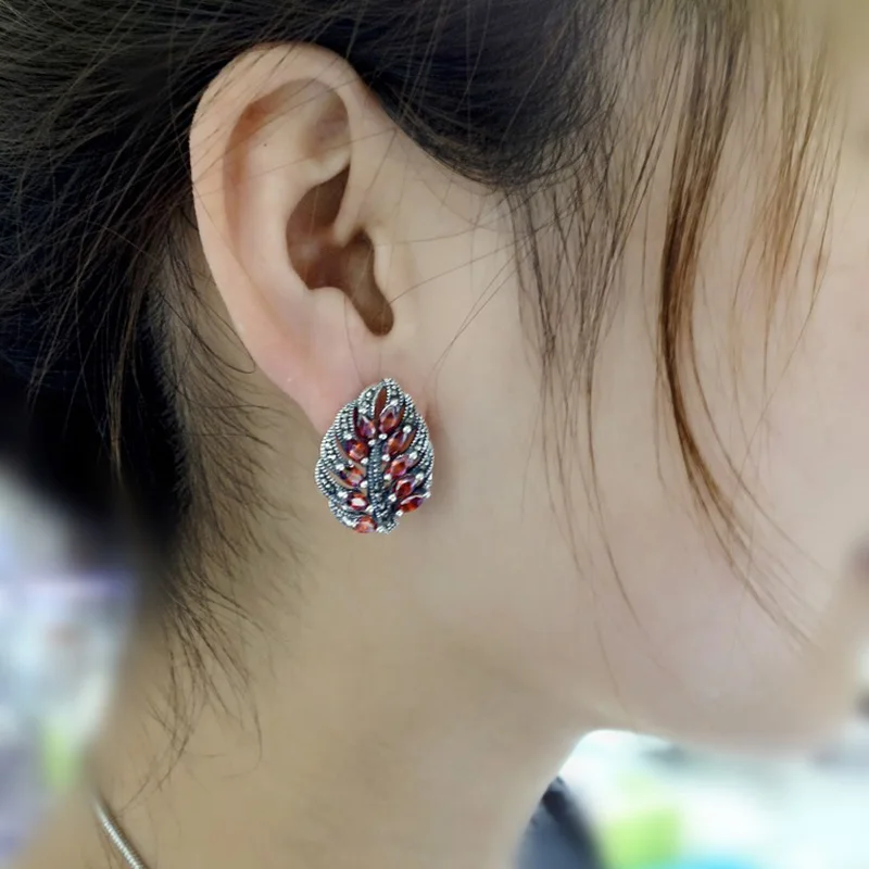 

925 Natural Gemstone Vintage Retro Clip On Earings For Women Leaves Shape Fine Jewelry Bijoux