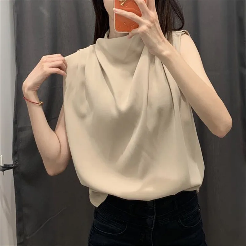 

Шифоновая футболка без рукавов, топ, летняя женская блузка белого цвета, женская рубашка, свободные шикарные повседневные Однотонные блузк...