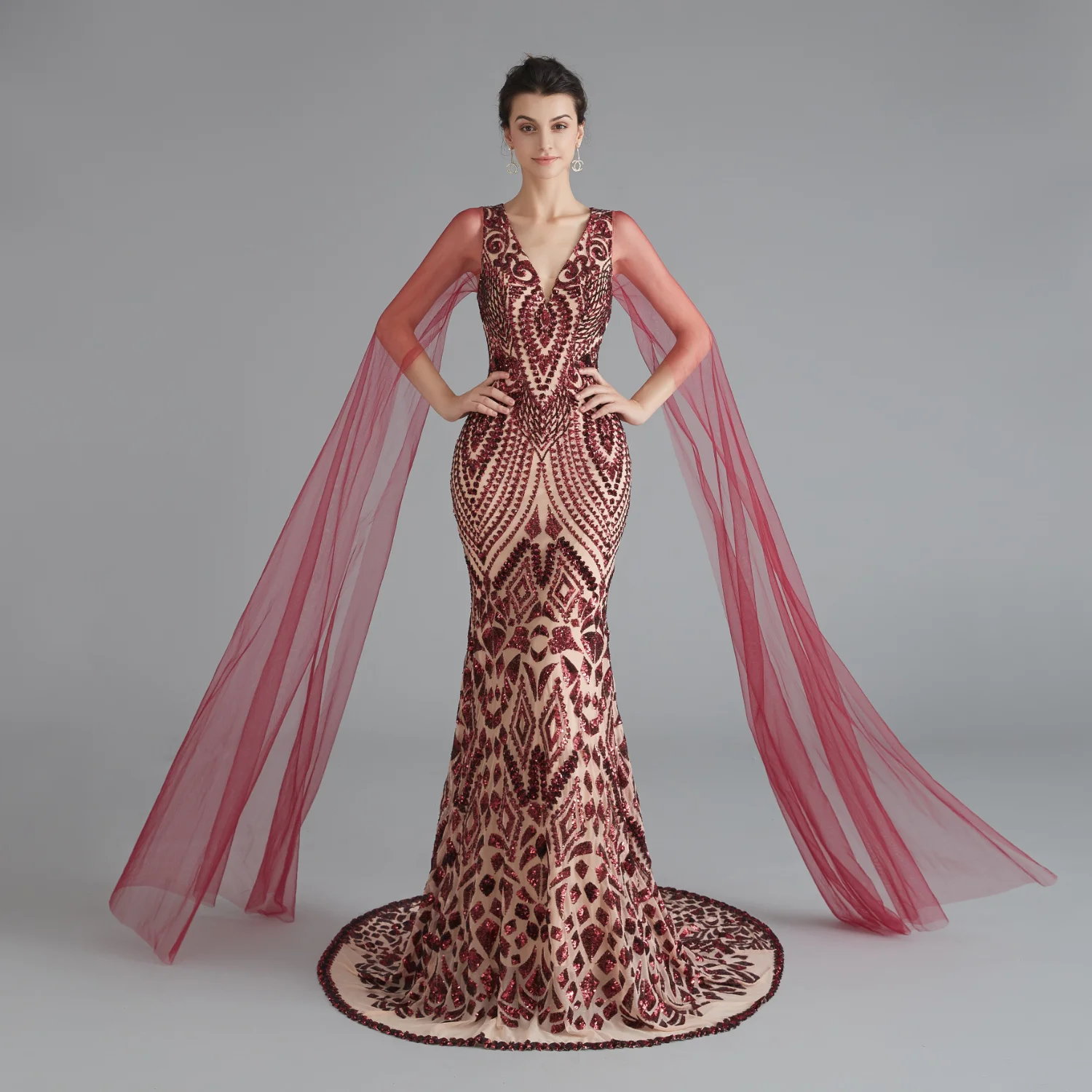 

Women's Evening Dress 1920s Sequin Lace Neckline V Mermaid Split Sleeve Fin Party Saudi Arabia