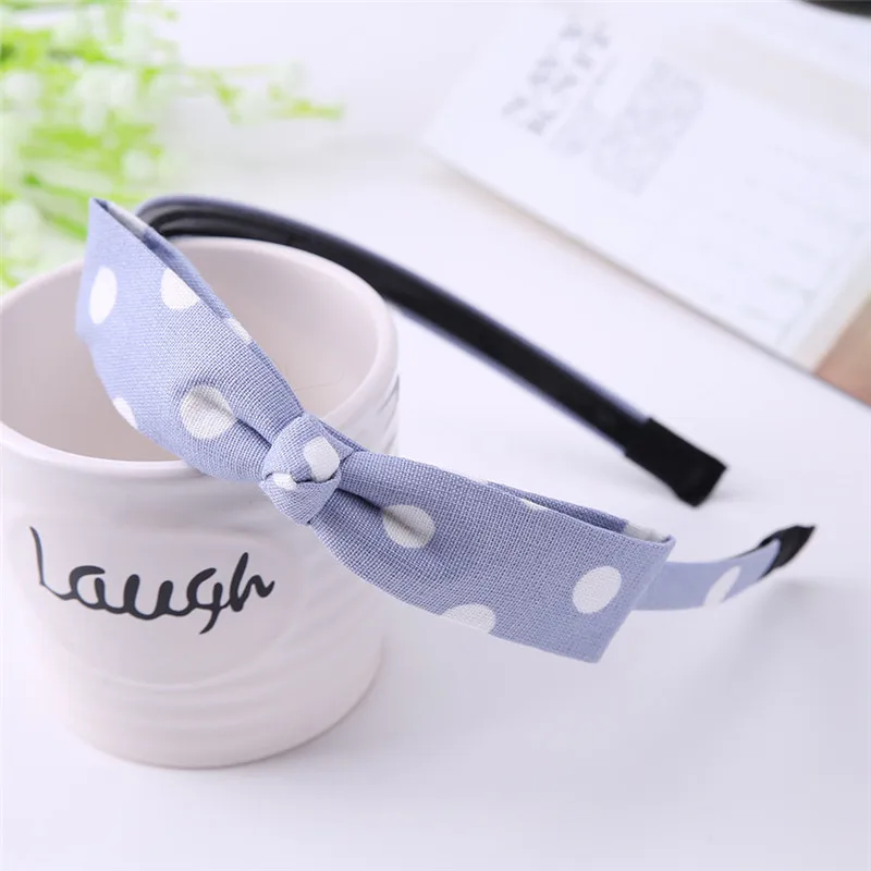 Женская повязка на голову с бантом в белый горошек эластичная синяя джинсовая