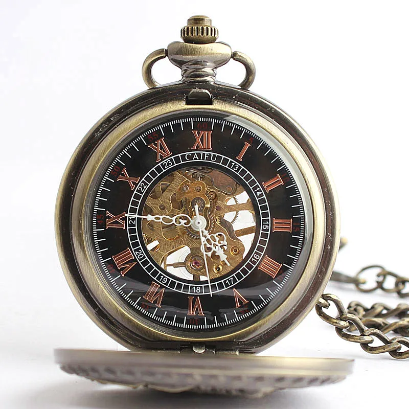 Vintage Steampunk Train Hollow Handy Gentleman Mechanical Pocket Watch Bronze Necklace Pendant Accessory Clock Gift
