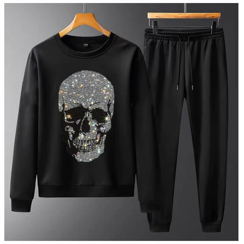 

Fashion Element Men's Shining At Night Skull Hot Diamond Hoodie + Pants 2-Piece Set Of Pure Cotton Warm Sweat Shirt Track Suit