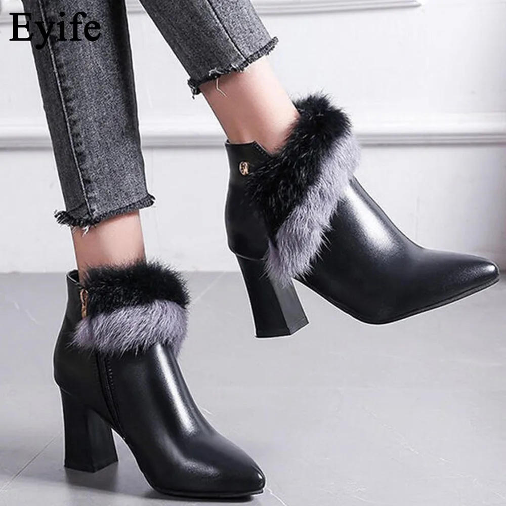 

Eyife Women's High Boots 2021 Autumn Winter Sexy Faux-Fur Pointed Toe Ladies Dress Party Wedding Shoes Chunky Heel Pumps