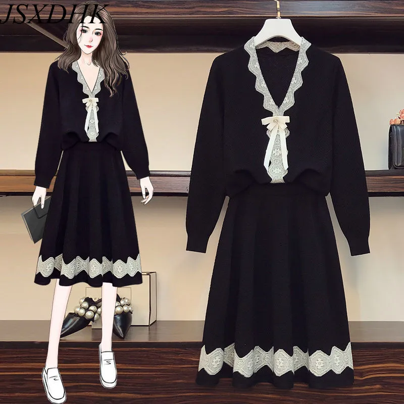 

Plus Size Autumn Winter Sweater 2 Piece Set Women V Neck Bow Lace Patchwork Knitted Pullover +Elastic Waist Ball Gown Skirt Suit