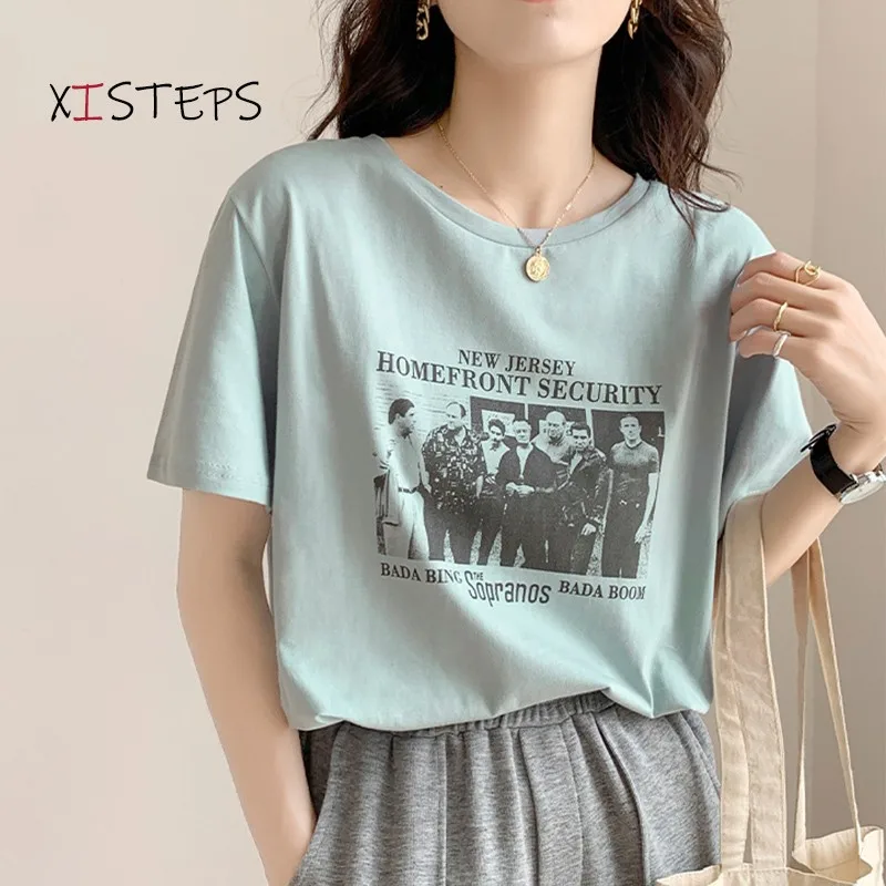 

Женские хлопковые футболки с принтом, Повседневные базовые Топы белого и синего цвета, свободная Женская одежда, футболки с круглым вырезом...