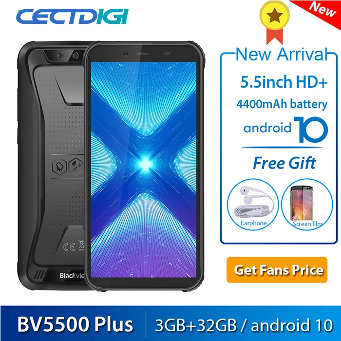 

Blackview BV5500 Plus Android 10 3GB+32GB Smartphone IP68 Waterproof 5.5"HD+ 4400mAh 8.0MP Camera NFC Rugged 4G Mobile Phone