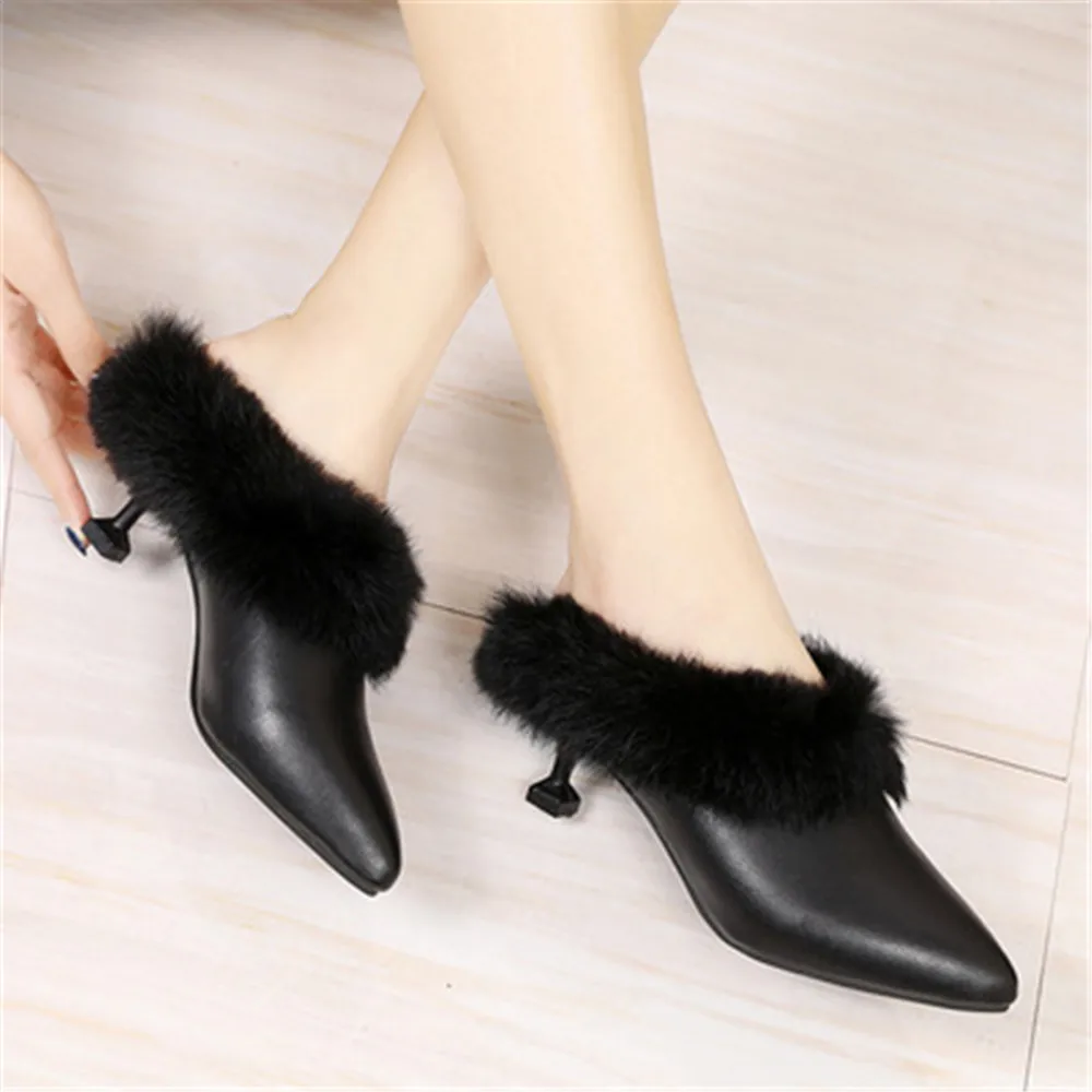 

Pointed Toe Sexy Mules Women Baotou Slip On Plush Warm Slippers Ladies Fluffy Furry Slippers Female Thick Heels Fur Shoes Black