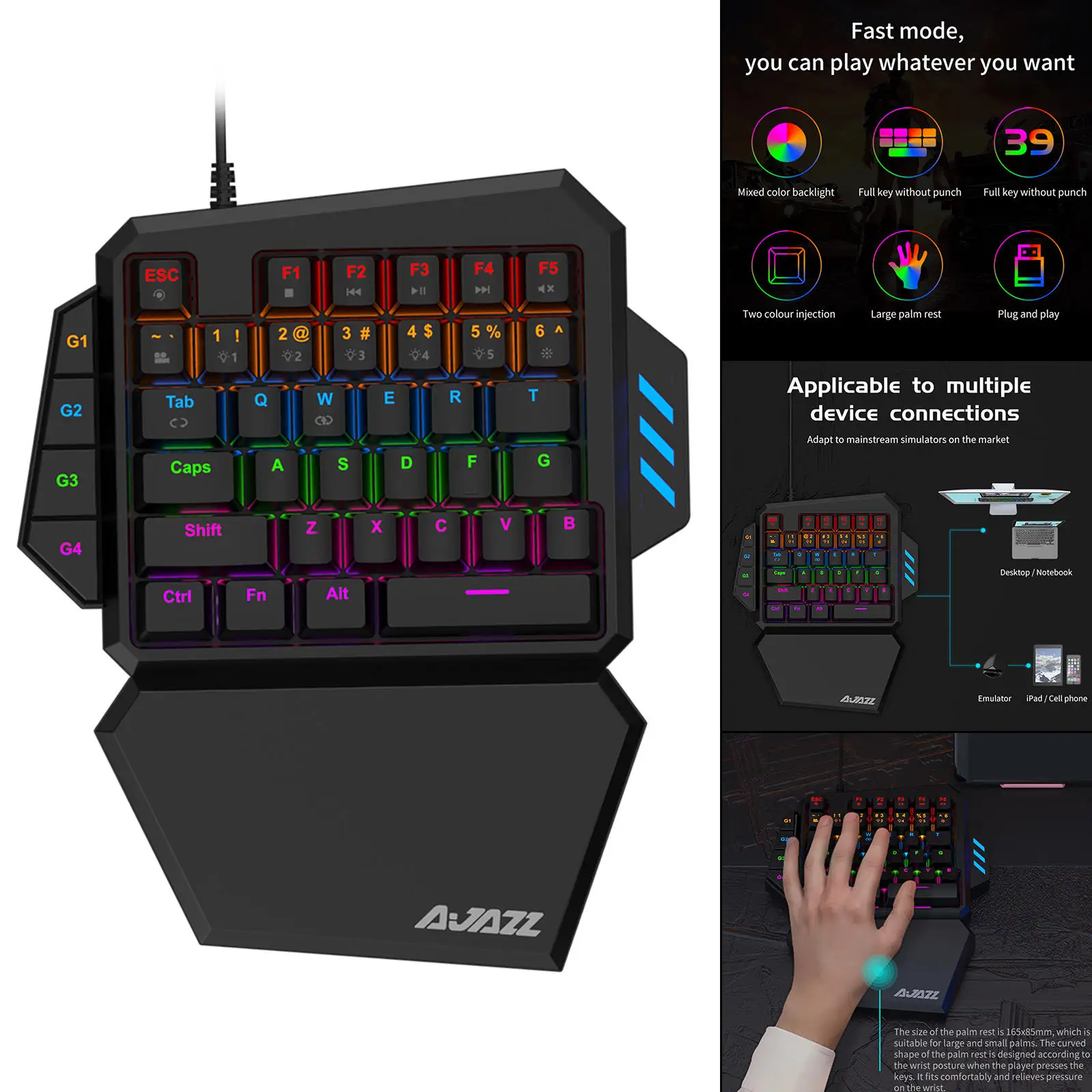 Игровая клавиатура для одной руки 39 клавиш с кабелем RGB подсветка светодиодная
