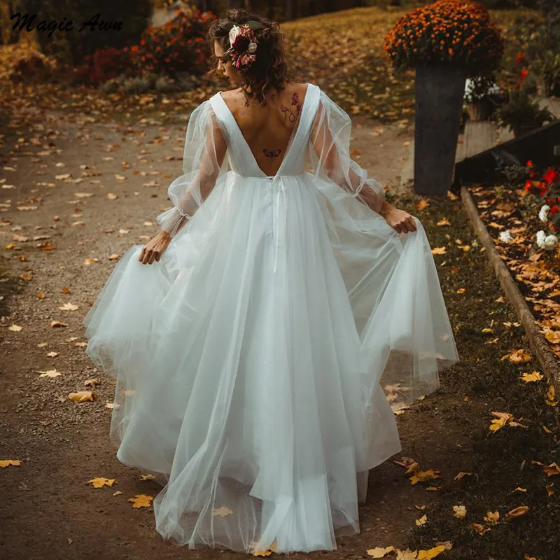 

Magic Awn Simple Boho Wedding Dresses Deep V-Neck Long Sleeves Country Plus Size Bridal Gowns Open Back A-Line Robes De Mariee