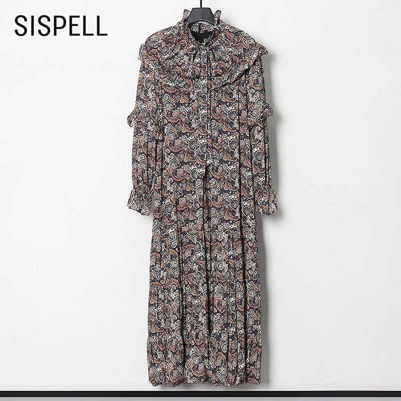 

SISPELL Patchwork Ruffle Dresses For Female Stand Collar Long Sleeve High Waist Loose Women's Casual Dress Fashion New 2021