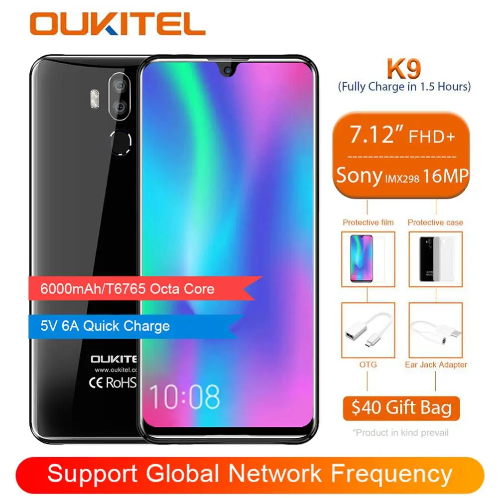 OUKITEL K9 водослива 7 12 &quotFHD + 1080*2244 4GB 64GB Face ID смартфон 16MP 2MP/8MP мобильный телефон 6000mAh 5