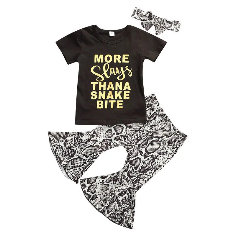 

Small And Medium-sized Girls' Suit Letter Print Top Snakeskin Print Flared Pants Suit T Shirt + Pants Suits Infant New Outfit
