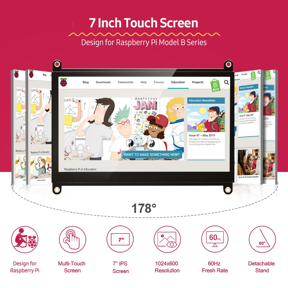 UPERFECT Портативный монитор Raspberry Pi сенсорный Экран 7 дюймовый 1024X600 с двумя