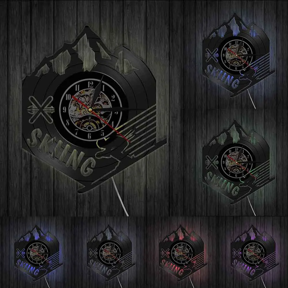 Ski Decor Vinyl Record Clock Mountain Wall Watches Skiing Art Modern Design For Living Room Bedroom | Дом и сад