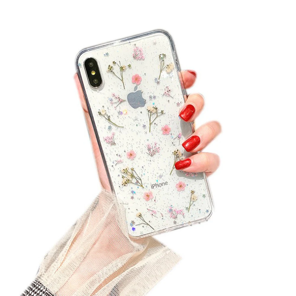 Прозрачный мягкий чехол из ТПУ с натуральным высушенным цветком для iPhone 11 PRO X XS XR