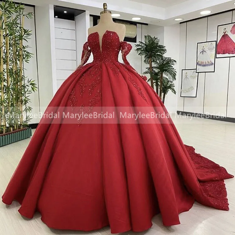 

Luxury Long Sleeves Red Wedding Dresses Off Shoulder V-Neck Beaded Appliques Dubai Bridal Dress Ball Gown Vestido de novia
