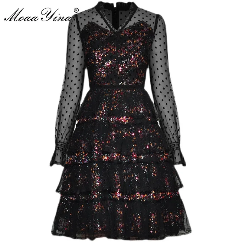 

MoaaYina Fashion dress Spring Women Dress V-neck Mesh Long sleeve Color Sequins Sexy Party Cake Dresses