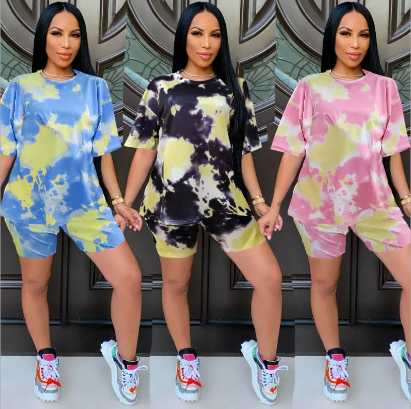 

Tie-dye Printing Women Biker Shorts Tracksuits 2021 Summer Lady's O-neck Short Sleeve Loose T-Shirts Casual Two Piece Sets