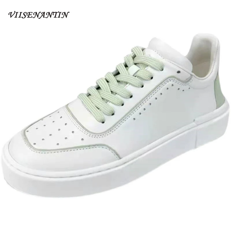 

Кроссовки женские кожаные, белые, дышащие, с круглым носком, на толстой подошве, спортивная обувь на плоской подошве