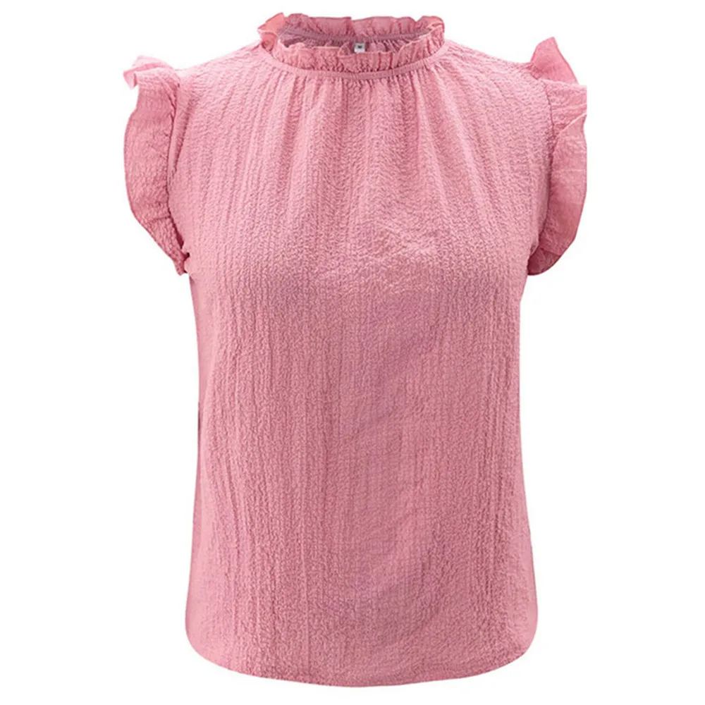 

Summer Blouse Casual Fungus Side Round Neck Ruffled Sleeveless Solid Color Blouse Fashion Splicing Pullover Shirt Femme Blusas