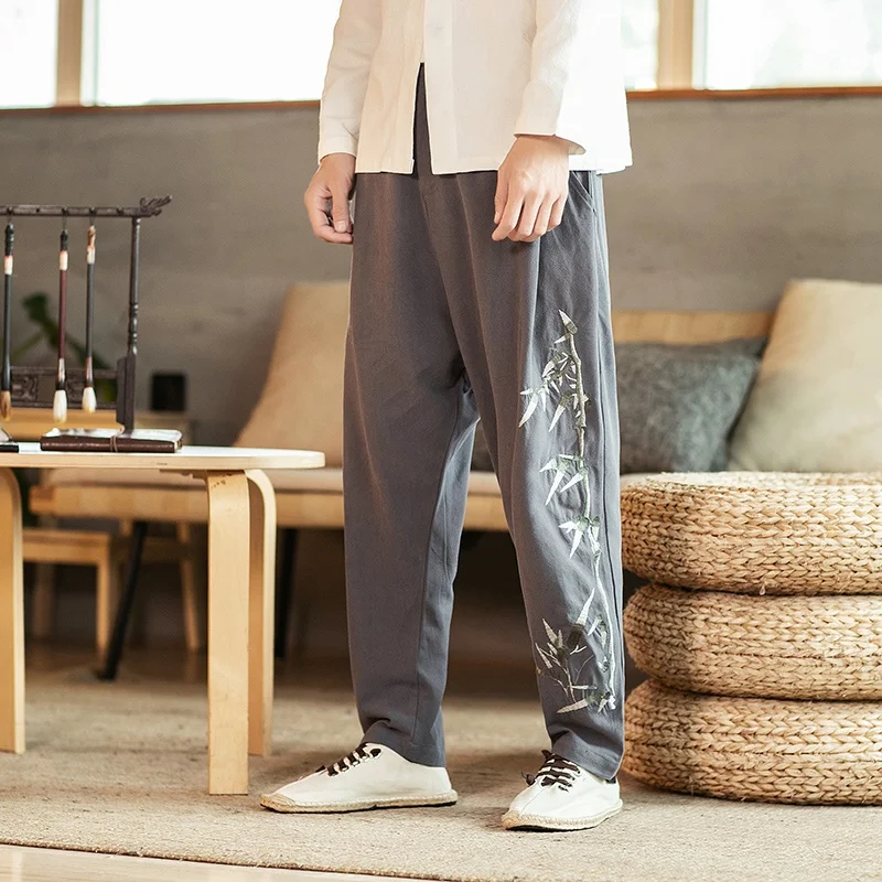 Мужские льняные брюки шаровары повседневные свободные с вышивкой в китайском