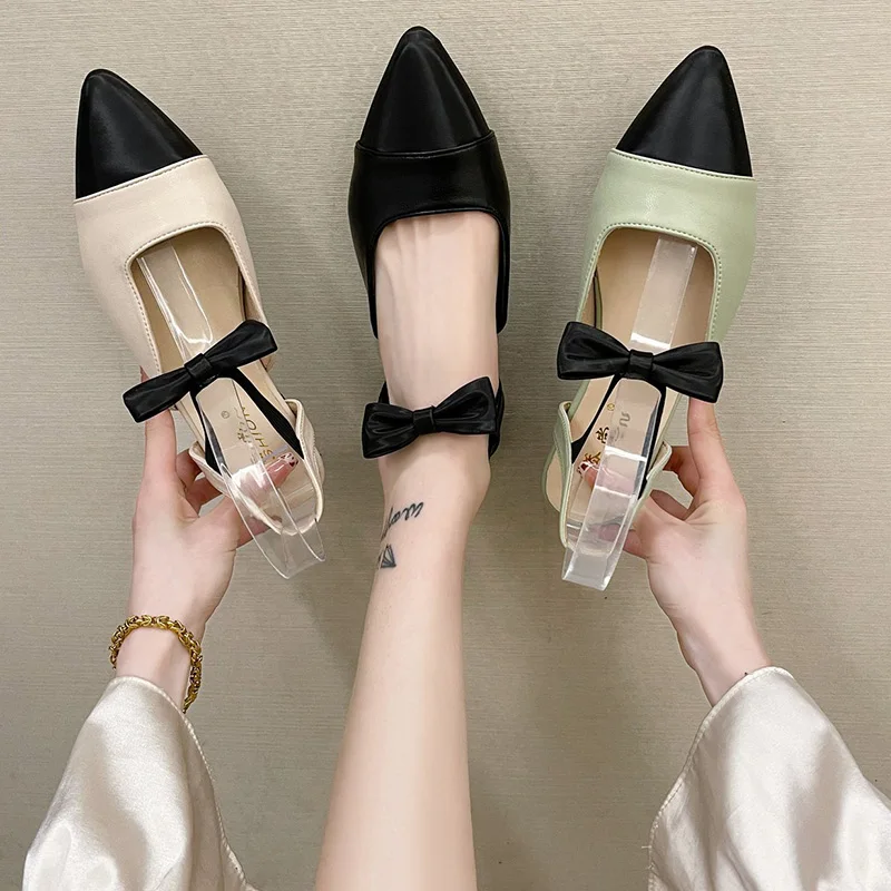 

Sandals Elastic Band Bow Shoes 2021 Women's Strappy Heels Suit Female Beige All-Match Shallow Mouth Slip-on Low New Open Comfort