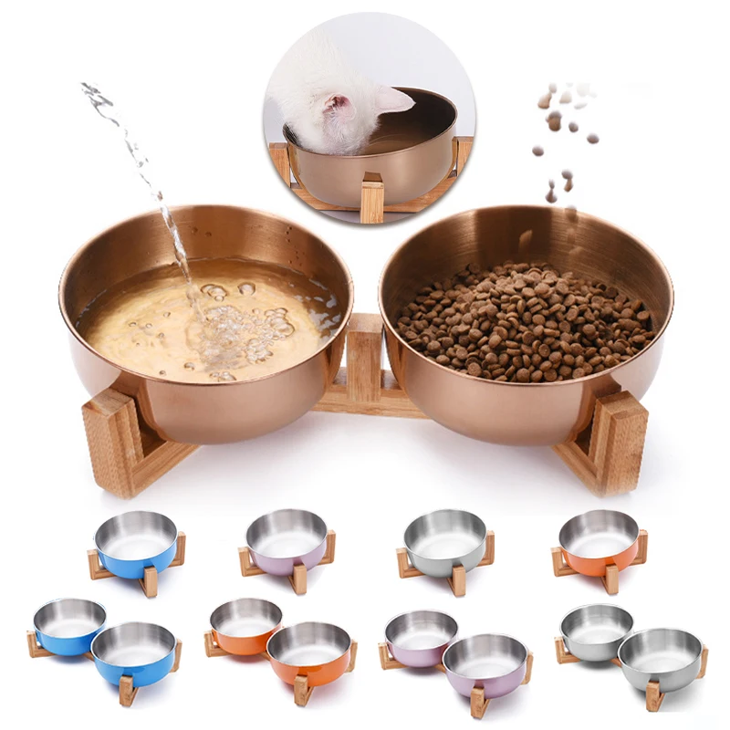 

Cat Bowl Stainless Steel Gold Bowl for Cats Dogs Round Large Pet Bowl With Wood Stand Pet Feed Water Container Cat Accessories