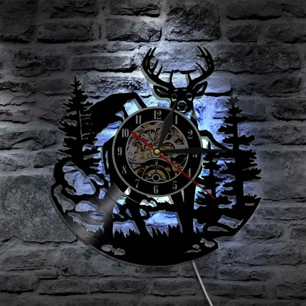 С принтом в виде березовых деревьев Лесной Олень Wall Art светодиодный часы леса Buck