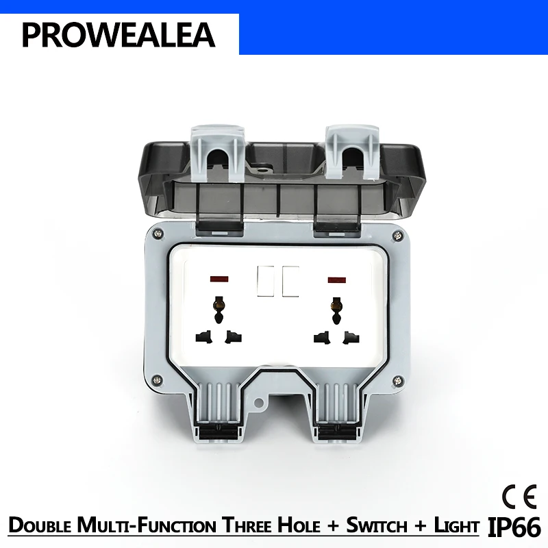 

Double 3 Hole Switch Waterproof Receptacle IP66 Weatherproof Socket Wall Power Connector Standard Electrical Outlet Grounded