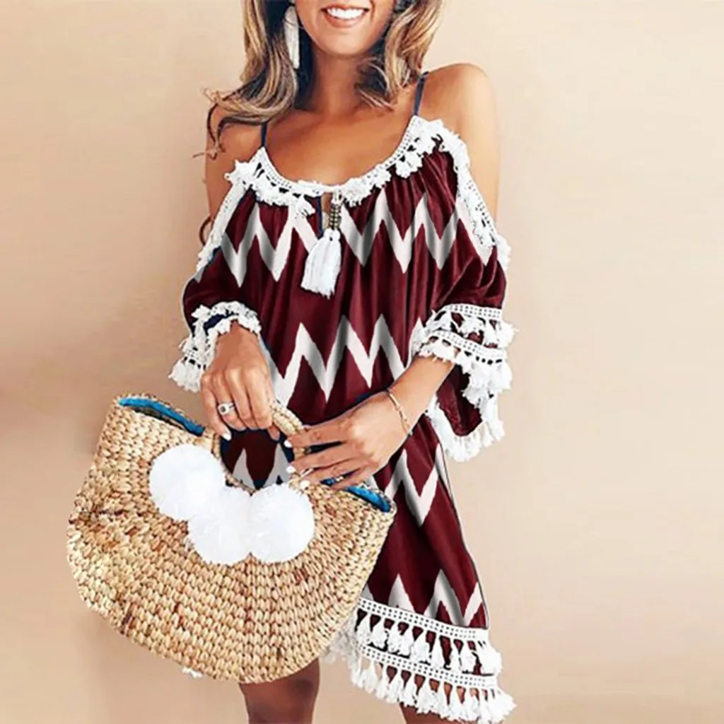 Женское платье с открытыми плечами и кисточками кружевное свободное пляжное