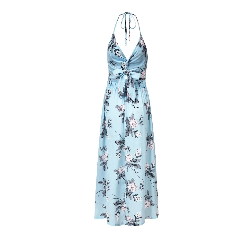 

Long floral dress, boho style long dress, beach, sexy, V-neck, strapless, open back, floral fabric, bowed head