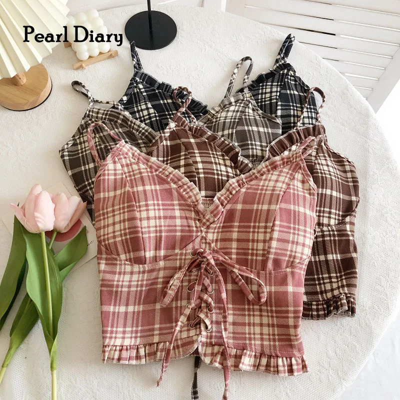 Купи Pearl Diary Women Plaid Camis Tops Summer V Neck Eyelet Lace Up Front Slim Fit Sexy Disty Floral Ruffle Hem Tops Bustier за 704 рублей в магазине AliExpress