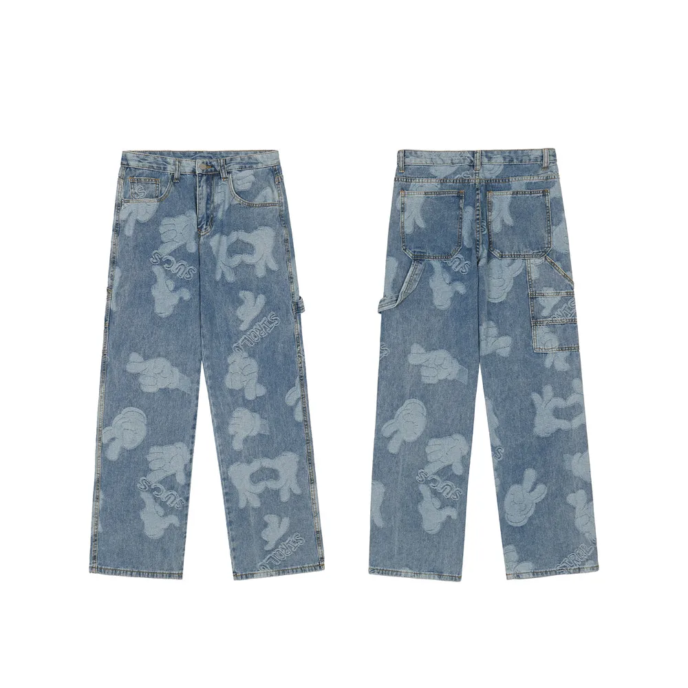 Korean Fashion Palm Jacquard Retro Washed Men Baggy Jeans Trousers Hip Hop Straight Women Wide Denim Pants For Teens Pantalones