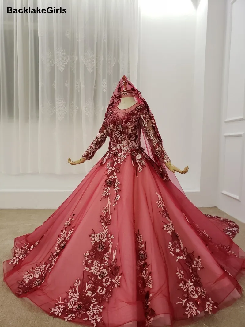 Красные Свадебные платья с вышивкой и аппликацией в виде цветка круглый вырез