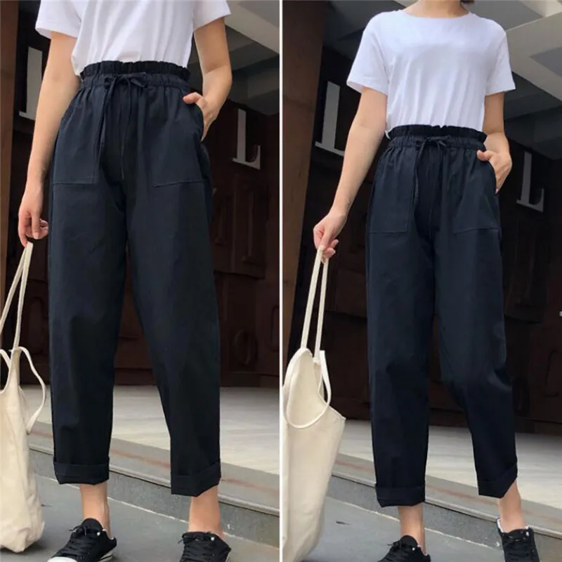 

GAOKE Stylish Pant Pockets Fashion Basic Bandage Knitted Women High Waist Slim Streetwear Capris Female Chiffon Casual Pants