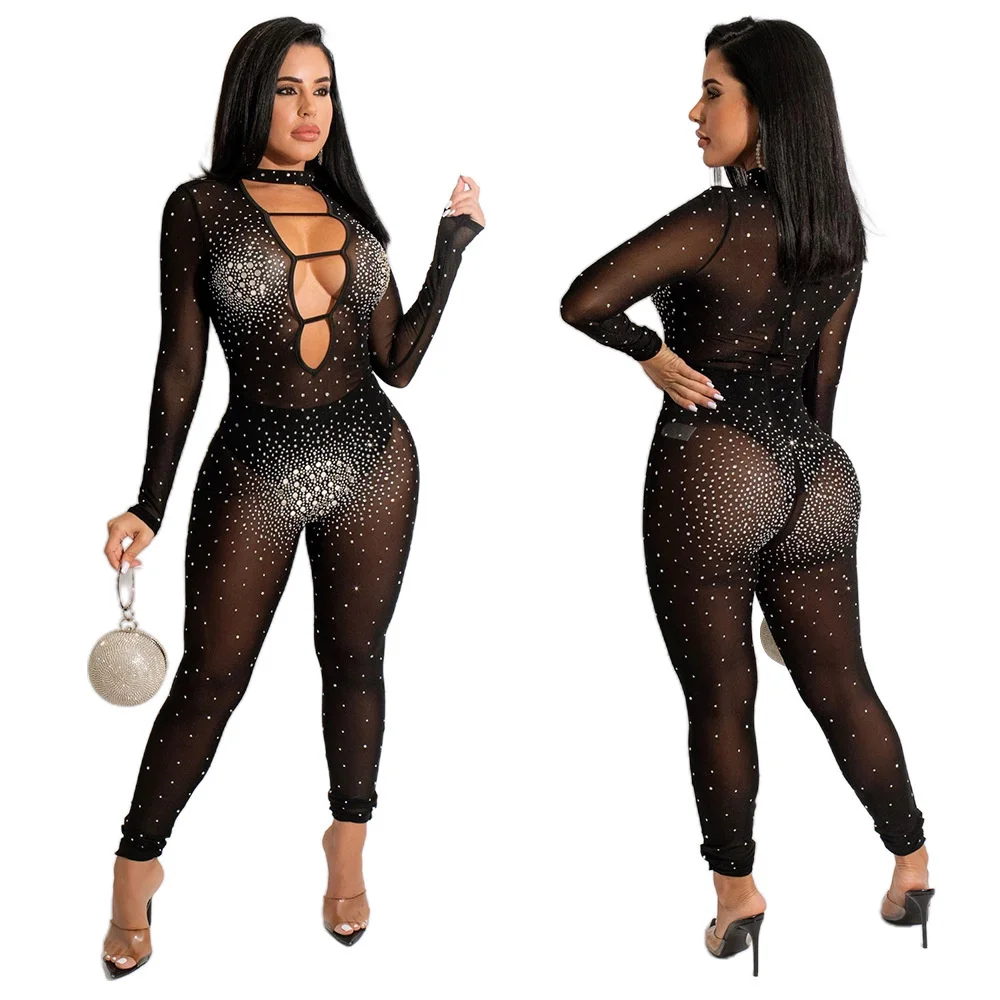 

Cutubly Womens Rompers Jumpsuits Diamonds Hollow Out Girls Jumpsuit Sheer Mesh Fashion One Piece Overalls Romper High Street