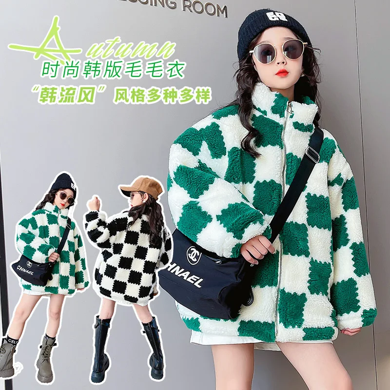 

Свитер из шерсти Qipange для девочек, новинка осень-зима 2021, детское плотное пальто из овечьей шерсти в сеточку красного цвета, океан