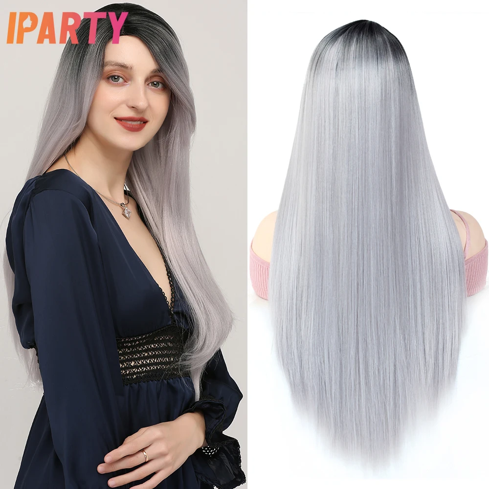 Кружевная часть синтетические парики выделить Серый цветной парик длинные