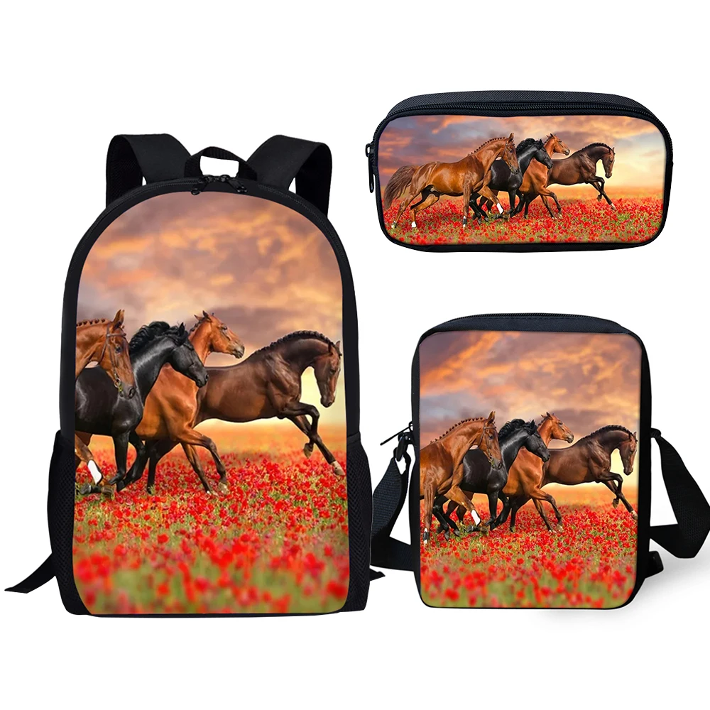 HaoYun Children's 3PCs Backpack Set Flower Horse Prints Pattern Kids School Book Bags Set Students Backpack/Flaps Bag/Pen Bags
