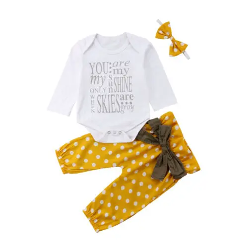 

3Pcs Newborn Baby Girl Letter Print Tops Romper Dot Bowknot Pants Outfits Clothes 0-24M Infant Baby Kid Clothing Set