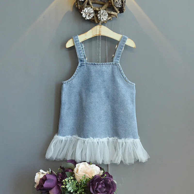 Blotona Little Girls Casual Princess Dress Blue Denim Floral Pattern Square Collar Off-the-shoulder One-piece Sundress 2-7Years | Детская