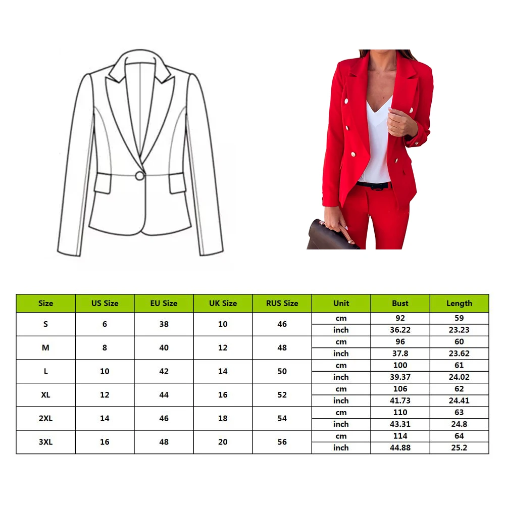 

Womens Long Sleeve Blazer Coat Office Work Ladies Formal Suit Jacket Double Breasted Thin Outwear Jacket Plus Size Tops