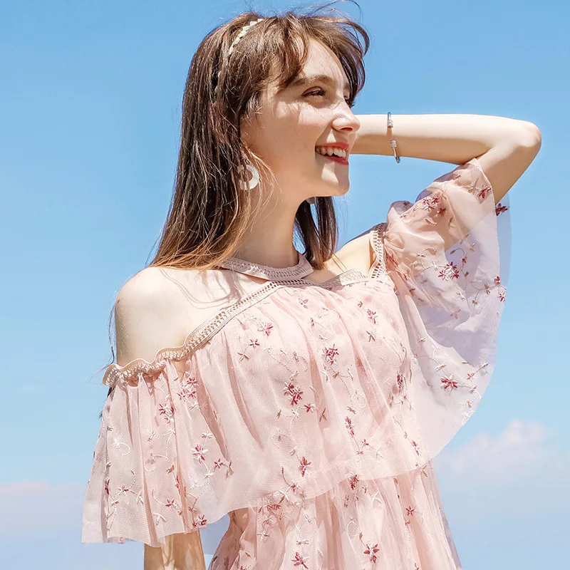 

Women Floral bohemian A-Line slash neck short sleeves Dress summer vintage beach off shoulder Polka Dot Sundress